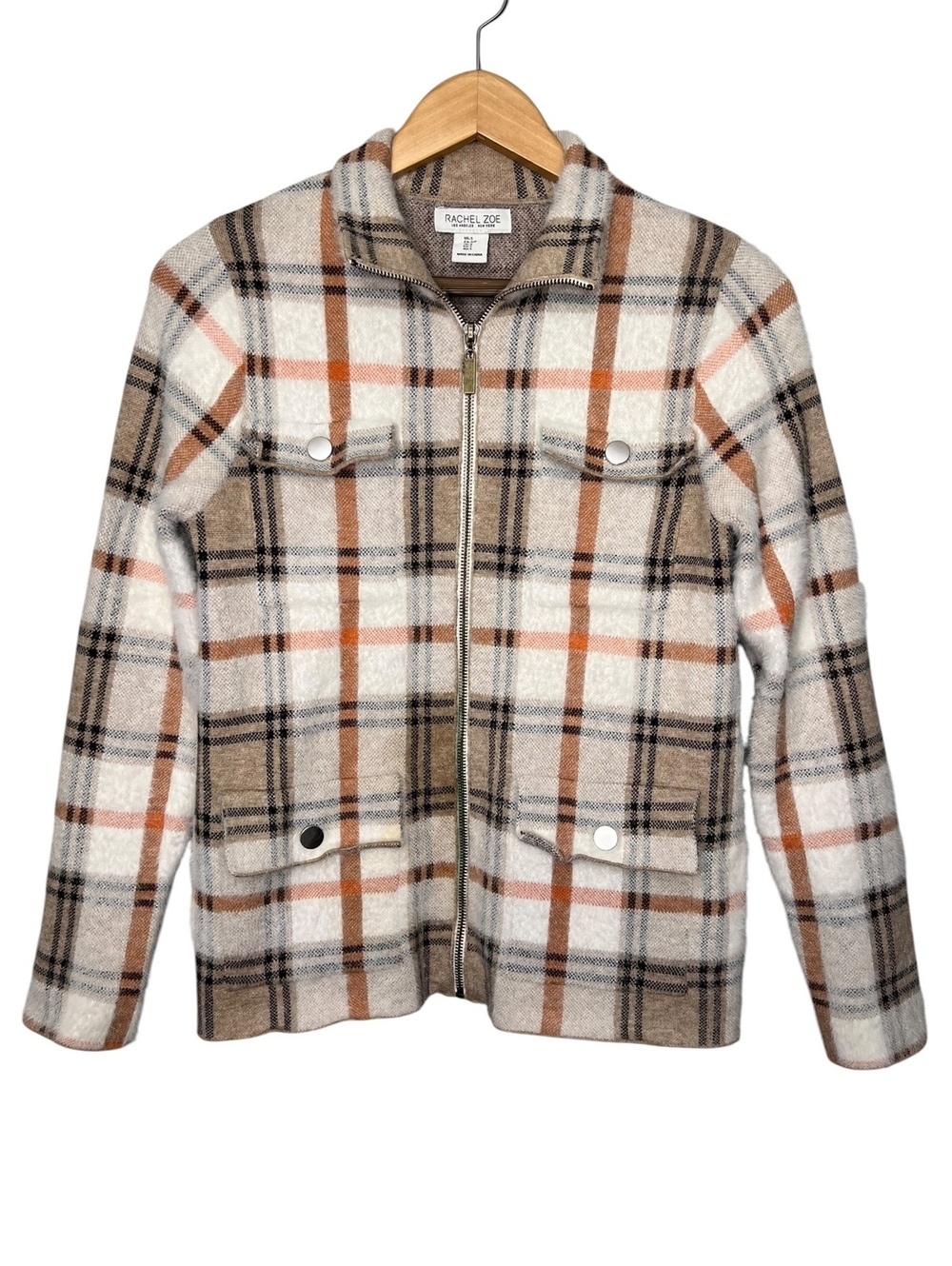 Rachel Zoe Plaid Fuzzy Zip Up Knit Jacket Cardigan Warm Neutral Sweater Small
